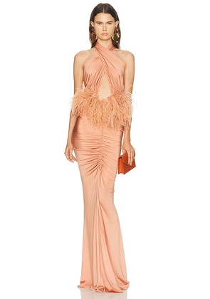 Lapointe Jersey Sleeveless Halter Ruched Gown With Feathers in Dune - Blush. Size S (also in L, M, XS).