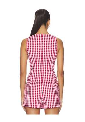 Cinq a Sept Mini Gingham Denim Lovina Top in Red. Size L. Also in S, XL, XS, XXS.