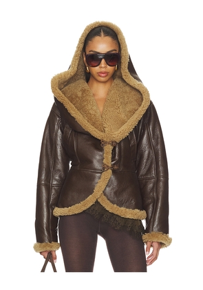Magda Butrym Leather Shearling Hooded Jacket in Brown. Size 34. Also in 38.