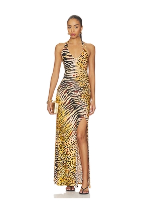 Luli Fama Tigressa Ring Halter Long Dress in Orange,Black. Size L. Also in M, S, XS.