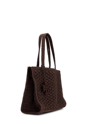 Tory Burch Ella Hand Crocheted Popcorn Stitch Small Tote Bag in Brown.