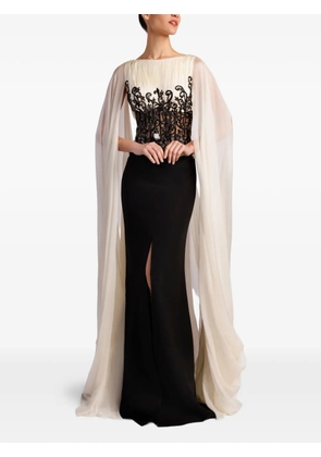 Gattinolli by Marwan embroidered cape-sleeve gown - Neutrals