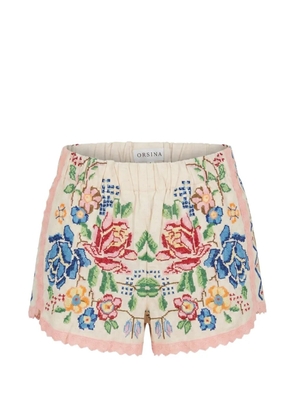 orsina floral-embroidered lace-trim shorts - Neutrals