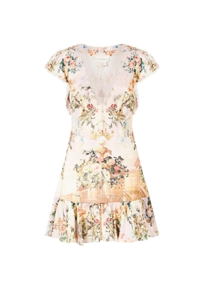 Camilla ruffle-sleeve floral-print mini dress - Neutrals