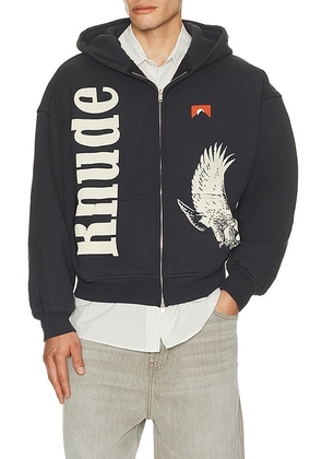 Rhude Eagle Pass Zip-Up Hoodie in Vintage Black & White - Charcoal. Size L (also in S, M, XL/1X, XXL/2X).