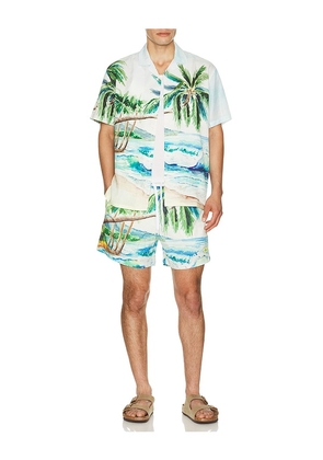 Duvin Design Postcard Swim Shorts in Blue. Size S. Also in M, L, XL/1X.