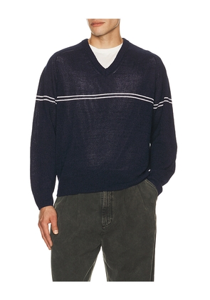 Dunst Striped V Neck Striped Sweater in Navy. Size M. Also in L, XL/1X.