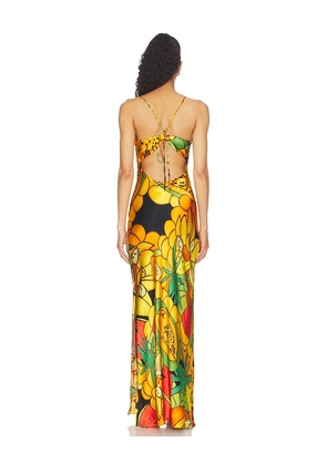 Donde Esteban Frutas Silk Satin Long Dress in Orange. Size XS. Also in S, M, L.