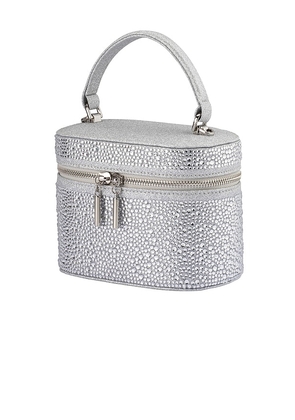olga berg Beckie Zip Top Crystal Bag in Metallic Silver.