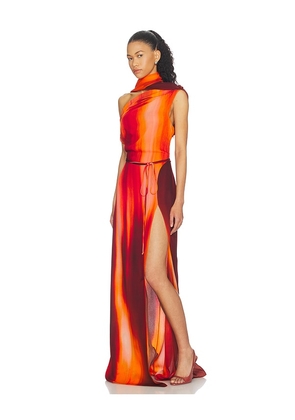 LaQuan Smith Asymmetrical Draped Dress With Scarf in Burnt Orange. Size XS. Also in S.