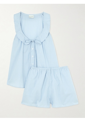 Deiji Studios - Round Collar Tie-detailed Striped Organic Cotton Shirt And Shorts Set - Blue - xx small,x small,small,medium,large,x large