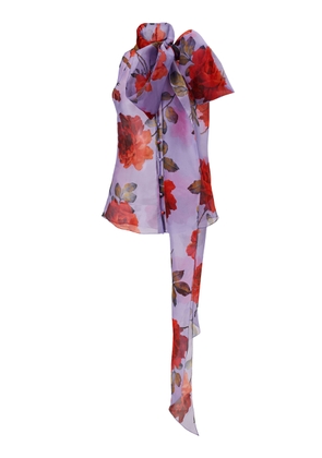 Carolina Herrera Scarf-Collared Stemmed-Rose-Printed Crepe Top - Moda Operandi