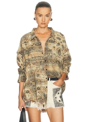 R13 Shredded Seam Drop Neck Shirt in Khaki Bandana Black Overprint - Tan,Black. Size XS (also in S, L).