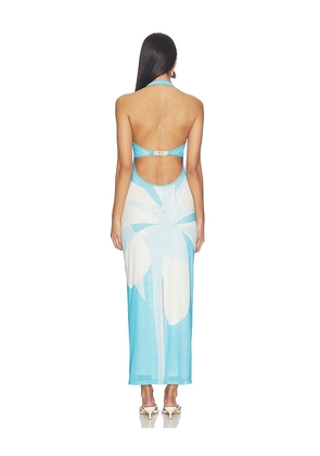 Kulani Kinis Mesh Halter Maxi Dress in Blue. Size S. Also in M, XL.