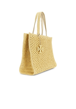 Tory Burch Ella Hand Crocheted Popcorn Stitch Large Tote Bag in Neutral.