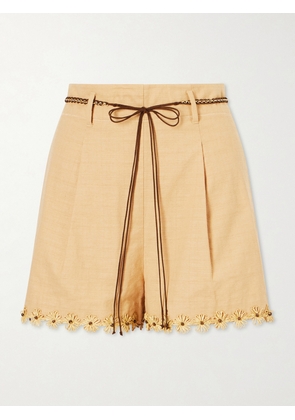 Zimmermann - Mahon Flower Pleated Leather And Raffia-trimmed Cotton Shorts - Neutrals - 00,0,1,2