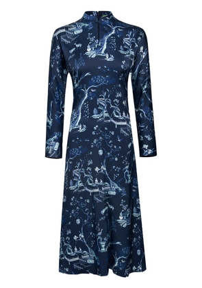 Shanghai Tang long-sleeve silk midi dress - Blue