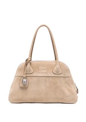 Miu Miu logo-embossed suede tote bag - Neutrals