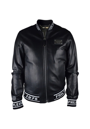 Philipp Plein logo leather bomber jacket - Black