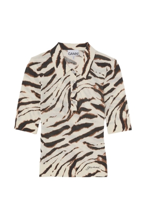 GANNI zebra-print logo-button polo shirt - Neutrals