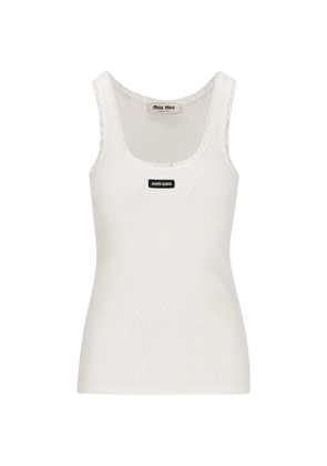 Miu Miu lace-trim logo-patch top - White