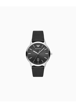 Black leather watch with three hands and date display
