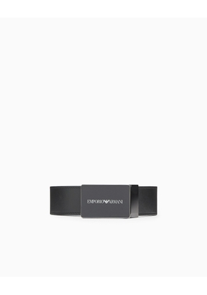 Leather belt with logo buckle
