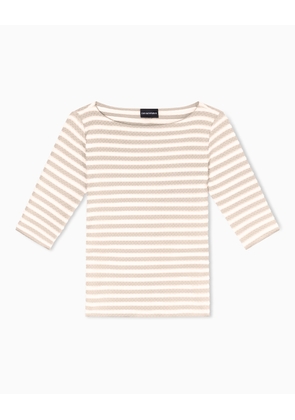Jumper with three-quarter length sleeves in striped jacquard jersey with a pattern