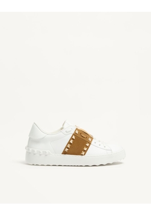 Valentino Garavani Rockstud Untitled Sneaker in Calfskin with Split Leather Band Woman WHITE/HAVANA BEIGE 35
