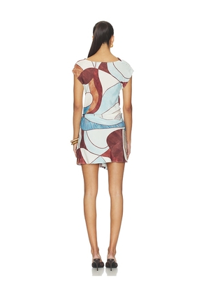 ROAME. Remy Fringed Mini Dress in Baby Blue,Brown. Size S. Also in L, M, XS.