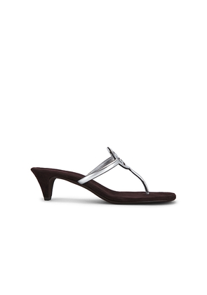 Tory Burch Milller Square Toe Sandal in Metallic Silver,Chocolate. Size 6. Also in 7.5, 8, 8.5, 9.5, 10, 7, 9, 6.5.