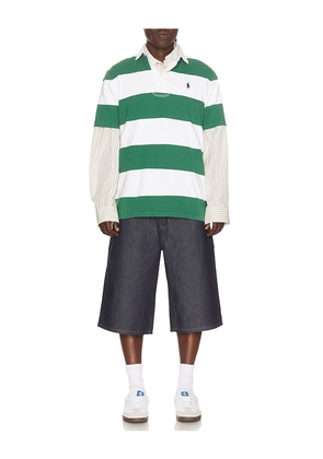 Polo Ralph Lauren Short Sleeve Jersey Knit Iconic Rugby Stripe Polo in Dark Green,White. Size M. Also in L, XL/1X, XXL/2X.
