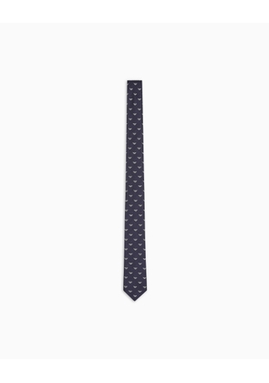 Pure silk tie with all-over jacquard micro-eagle