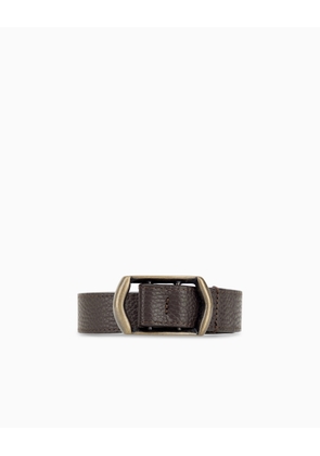 Textured leather belt with a hexagonal brass buckle