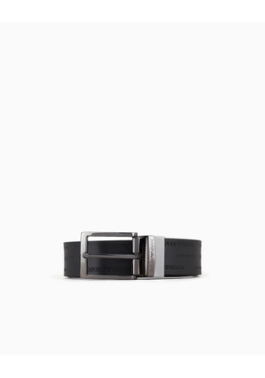Reversible leather belt with all-over embossed lettering