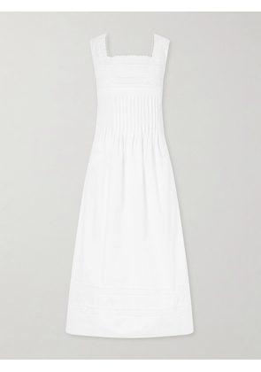 Loretta Caponi - Lalla Ruched Broderie Anglaise-trimmed Cotton-poplin Maxi Dress - White - x small,small,medium,large,x large