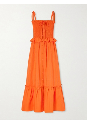 Loretta Caponi - Alberica Ruffled Tiered Shirred Cotton-poplin Midi Dress - Orange - x small,small,medium,large,x large