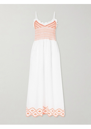Loretta Caponi - Bianca Ruffled Emrboidered Shirred Cotton-poplin Midi Dress - White - x small,small,medium,large,x large
