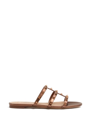 Valentino Garavani Rockstud flat metallic-nappa slide sandals - Brown