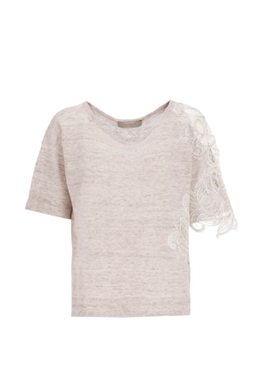 D.Exterior lace-appliqué fine-knit T-shirt - Neutrals