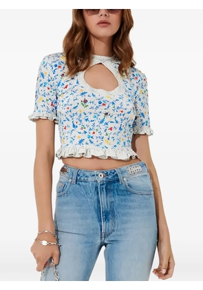 Rabanne floral-print ruffled cropped blouse - White