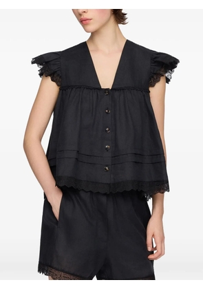 GANNI lace-trimmed ruffled blouse - Black
