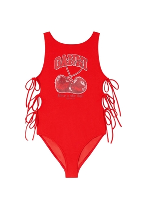 GANNI cherry-print lace-up swimsuit - Red