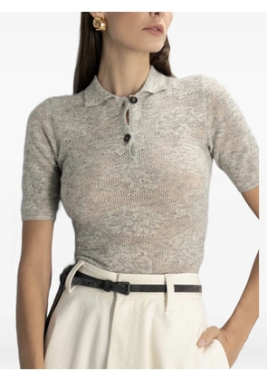Brunello Cucinelli floral-intarsia polo-collar knitted top - Grey