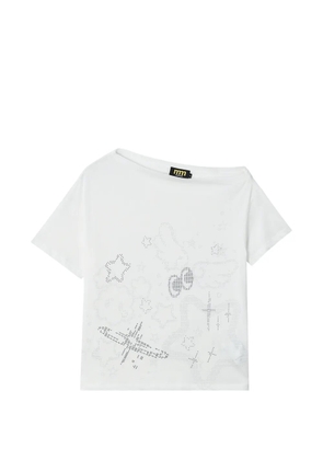 Mini Cream rhinestone-embellished asymmetric-collar cotton T-shirt - White
