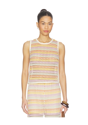 Central Park West Celine Rainbow Crochet Button Back Shell in Yellow,Beige. Size S. Also in XS, M, L, XL.