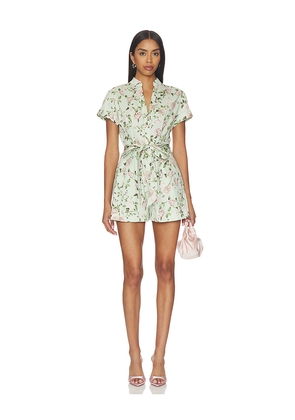 Alice + Olivia Lucy Roll Sleeveless Button Down Romper in Sage. Size 4. Also in 2, 10, 12.
