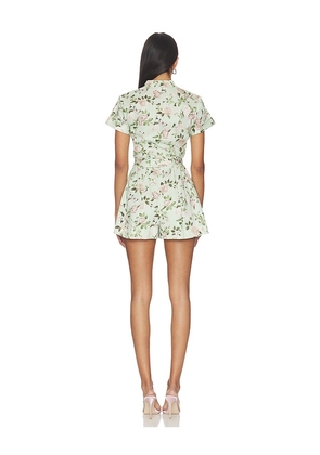 Alice + Olivia Lucy Roll Sleeveless Button Down Romper in Sage. Size 4. Also in 2, 6, 12.