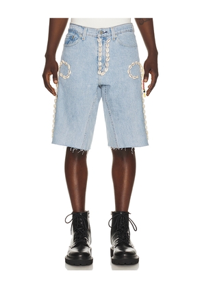Barriers Worldwide Cowrie Shell Denim Shorts in Blue. Size 30. Also in 32, 34.