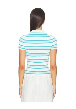 SIMKHAI Luka Striped Cotton Polo in White,Teal. Size XS. Also in L, M, S.